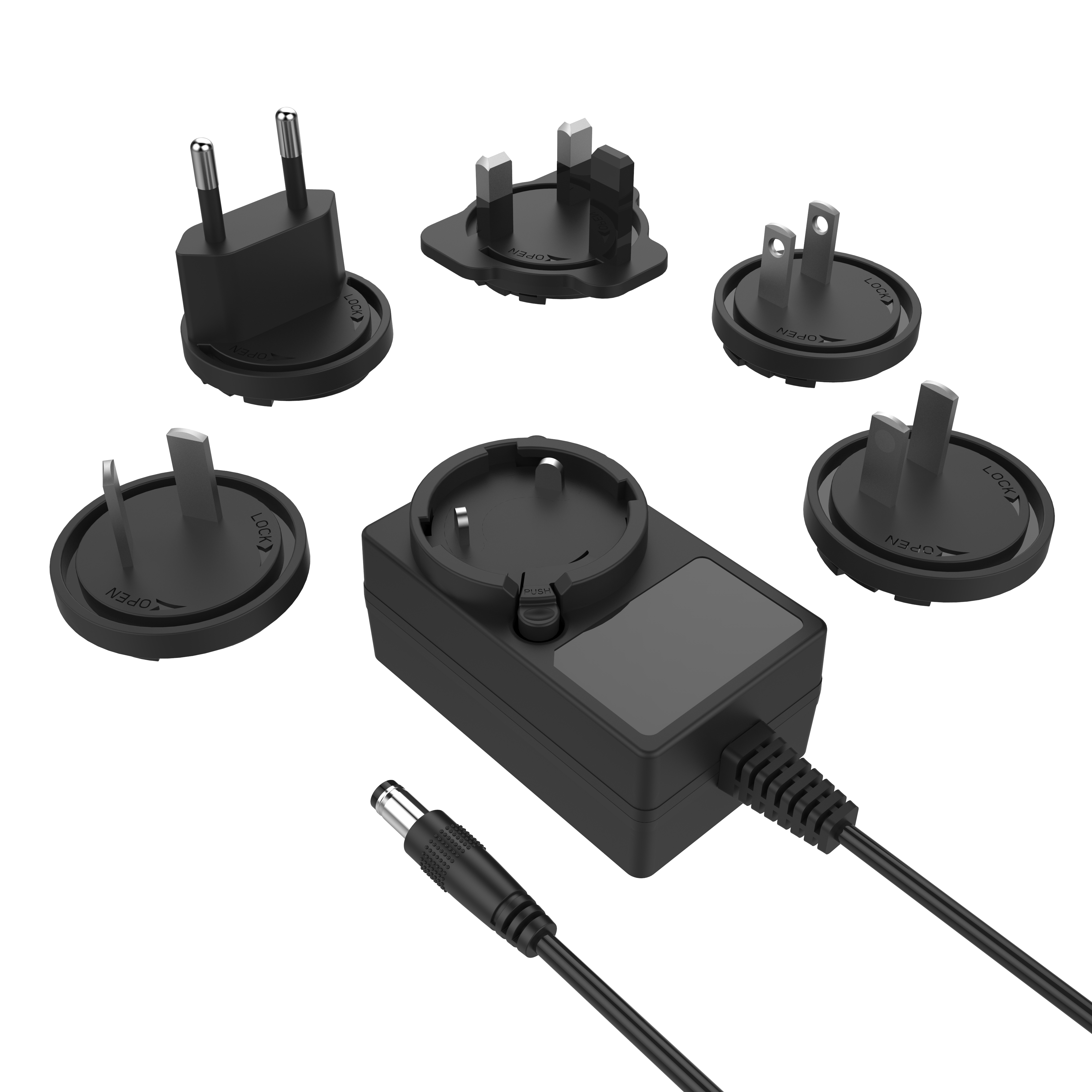 12V2A 24V1A interchangeable plug power adapter with EN 61558: CE/GS/CB/FCC/EMC/ETL1310